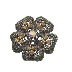 Vintage Style Floral Brooch Green Amber Rhinestone Aurora Borealis Crystal Pin